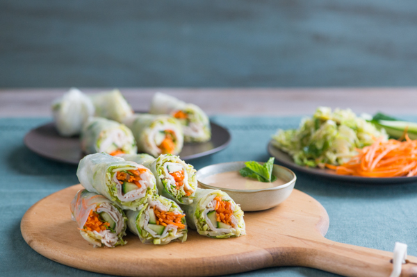 Brussels Sprouts and Turkey Spring Rolls with Peanut Dip Recipe