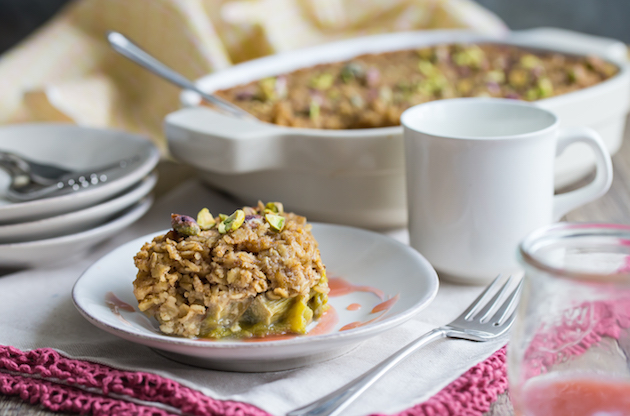Rhubarb Pistachio Baked Oatmeal