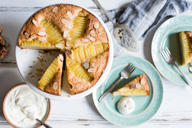 Gluten-Free Almond Oat Pear Cake with Almond Chantilly