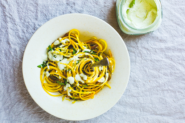 Spiralized Golden Beets with Vegan Almond Mint Sauce