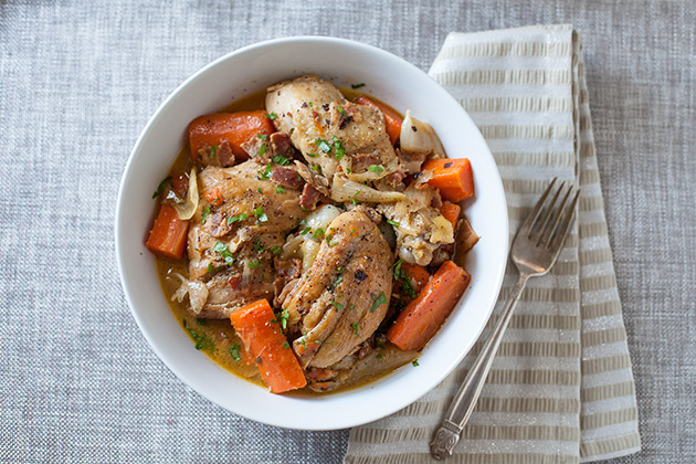 Wine-Braised Chicken with Bacon, Veggies and Herbs