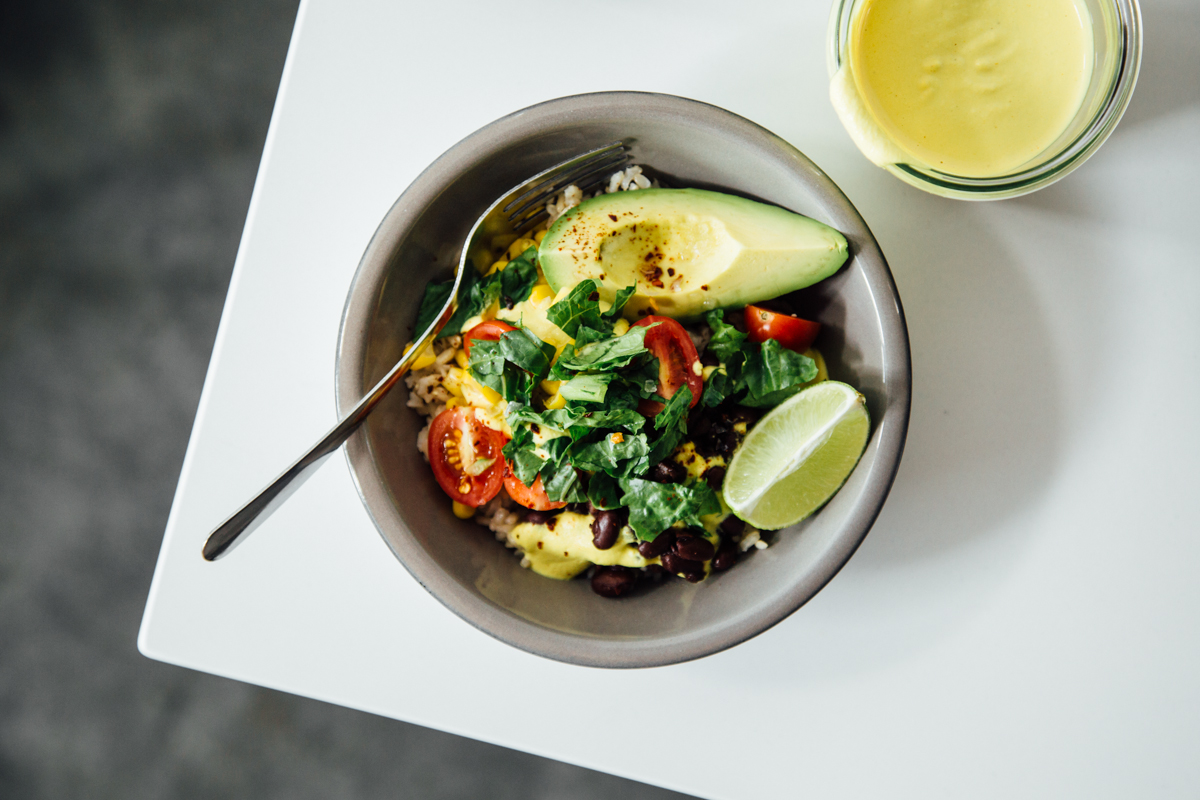 Black Bean Burrito Bowls with Cashew “Cheese” Sauce Recipe