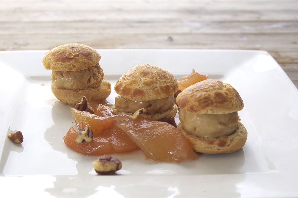 Profiteroles with Salted Caramel Ice Cream & Poached Spiced Pears