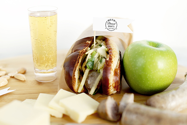 Beer Braised Bratwursts with Apple Mustard Slaw