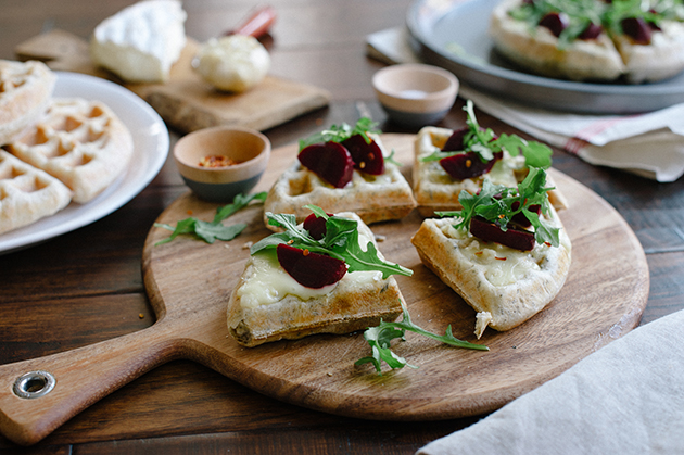 Waffle Pizzas with Roasted Garlic, Beets and Brie