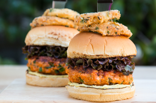 Wild Salmon Burger with Tarragon Mayo and Crispy Herbed Onion Rings