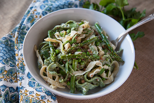 Spring Tri-Color Fettuccine w/ Pancetta and Peas