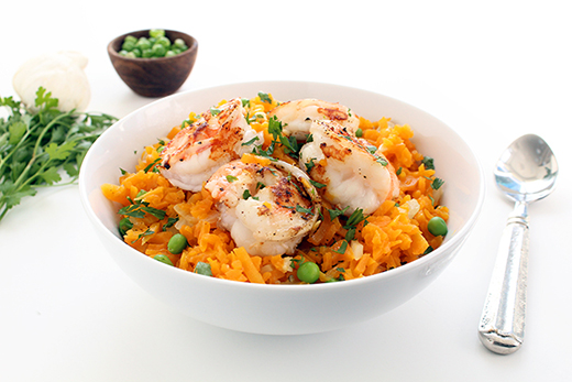 Butternut Squash “Rice” Risotto with Shrimp & Peas Recipe