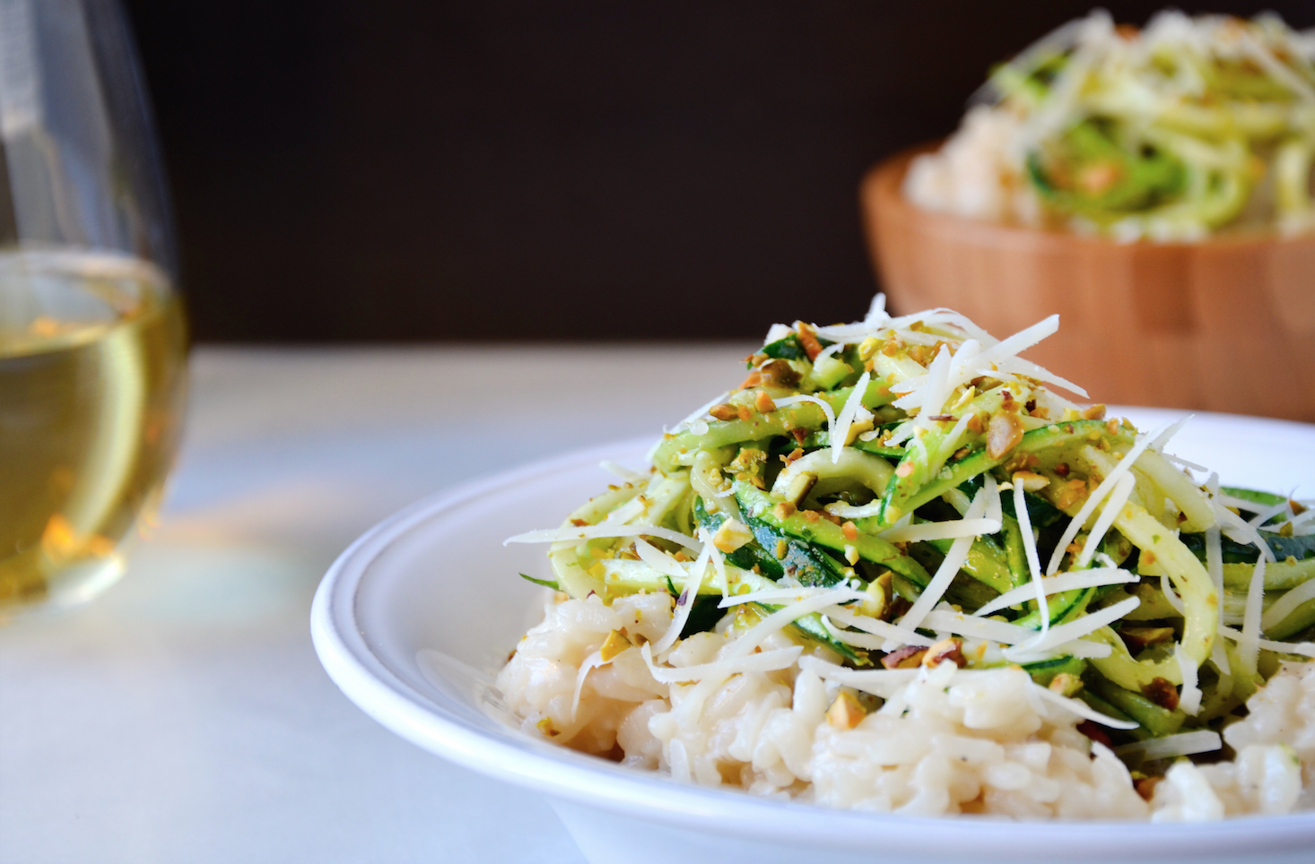 Parmesan Risotto with Zucchini Noodles and Pistachio Pesto