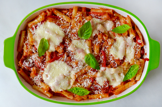 Cheesy Baked Ziti with Sausage and Peppers