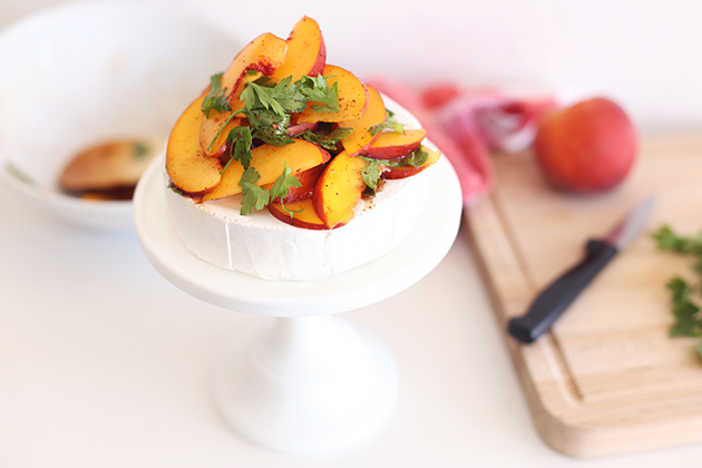 Baked Brie “Cake” with Chili Infused Peach Topping