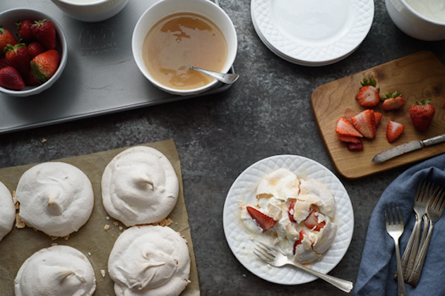 Strawberry Mini Pavlovas with Vanilla Bean Champagne Sauce
